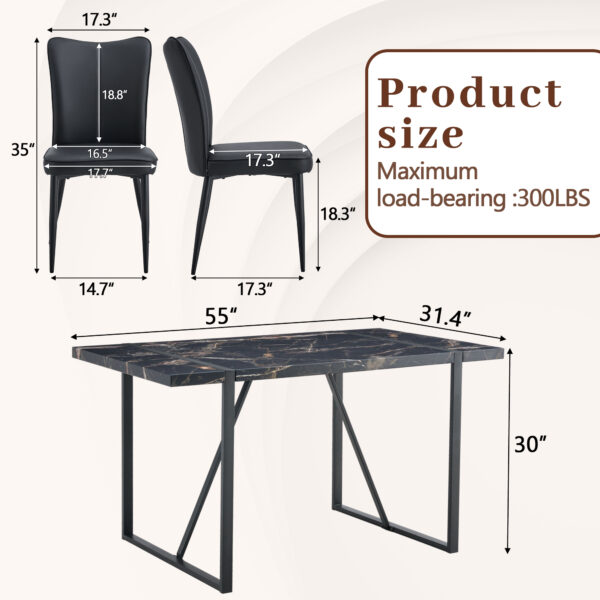 57b09a35a78a466bbb3e9945dbe5dc13_51d64257943d939bdcce6d5d2969268d Table and chair set.Modern Black Marble Pattern MDF Dining Set - 55"x31.4"with 4 Black PU chairs with a vertical stripe design on the backrest and black metal legs.Suitable for kitchen,Dining room,etc