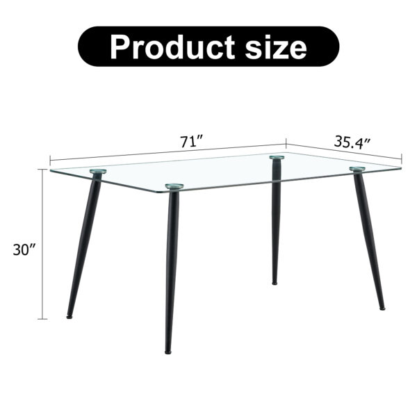 Modern rectangular glass dining table for 4-6 people with tempered glass top and black metal legs, writing desk for kitchen, dining room and living room.
