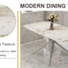 Table and chair set.Modern Luxurious white Marble-Patterned Tempered Glass Dining Table with 6 Transparent Plastic Chairs with silver legs.Single fork silver metal table legs.