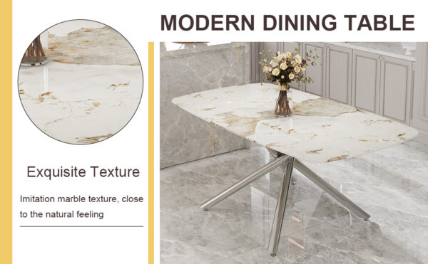 57b57a8376c9475999e7892e05afdef2_512756fdcf1b7f8720ebe096ab140fd9 Table and chair set.Modern Luxurious white Marble-Patterned Tempered Glass Dining Table with 6 Transparent Plastic Chairs with silver legs.Single fork silver metal table legs.
