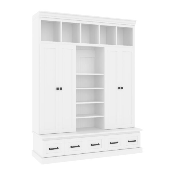 U-Can 78.7''H Hall Tree with Bench and 5 Storage Cubbies, Modern Entryway Storage Organizer Cabinet with 4 Doors, 5 Drawers and Adjustable Shelves for Hallway, Entryway, Living Room