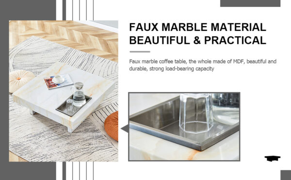 A modern and practical coffee table with imitation marble patterns, made of MDF material. The fusion of elegance and natural fashion 31.4"* 31.4"* 12 "