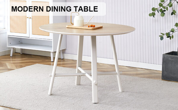57b956d64794483192eeb398082d4e6c_2e6d1ba43e5fcdf84315252e4b46e93d A modern and minimalist circular dining table with a 42 inch diameter wood colorer patterned tabletop and white metal legs. Suitable for restaurants, living rooms, and conference rooms.