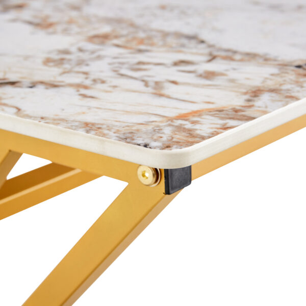 57c3f772e70846058dbeb0100551990d_2dc7a2aaa81f336599beeeb1e4cc672f A coffee table is made of rock slab material, with a natural and smooth marble pattern on the surface, which complements the modern design of the golden metal legs and adds a touch of fashion.47*23.6
