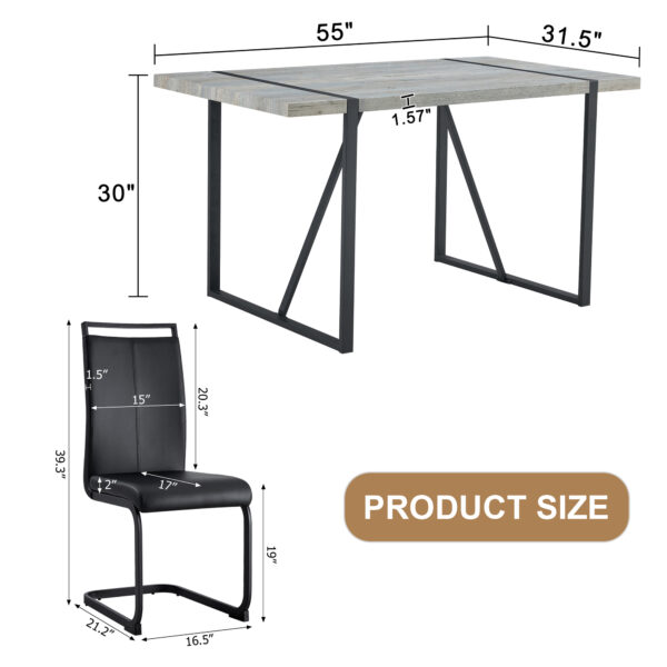 57ea141bb3e942d1b4f25a8ac5eb1b24_f086cc15289f5c62ab64aa6c063aa1c3 Table and chair set. Modern minimalist grey marble textured MDF dining table with metal frame.Paired with 4 black PU chairs with Black Featuring arched black legs.