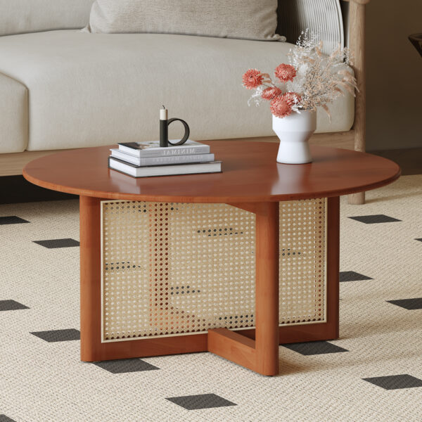 A natural and elegant deep red wooden coffee table with artificial rattan decorations, perfect for a fashionable living room and comfortable tea drinking time