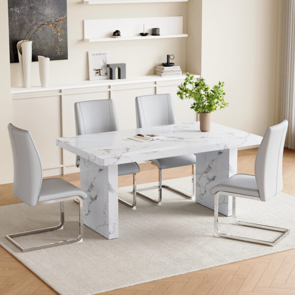 58231f3cfc894170828adba3acfa3557_530e75424f3dc144831e77b541173c97 Table and chair set.63"*35.4" White Imitation Marble Pattern MDF Dining Table Set - 4 Soft and Comfortable Light Gray PU Chair With Arched Metal Silver Leg.Create Your Exclusive Low-Key Luxury Space.
