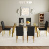 Table and chair set.71 * 35.4 inch rectangular dining table.Tempered Glass Tabletop,Golden 7-shaped Metal Table Legs.Paried With 6 Black PU dining chairs, Golden Metal Legs.Simple and versatile.
