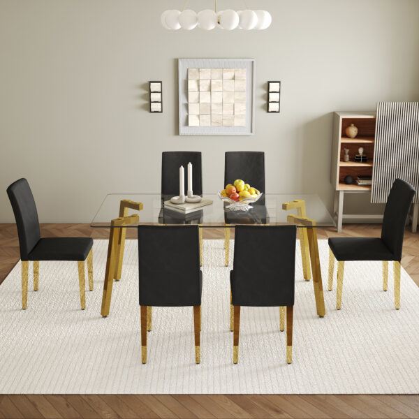 58305b7147b74b1ea15e70bad9e3f072_29e08b9d59f44cd655c5862577ca5473 Table and chair set.71 * 35.4 inch rectangular dining table.Tempered Glass Tabletop,Golden 7-shaped Metal Table Legs.Paried With 6 Black PU dining chairs, Golden Metal Legs.Simple and versatile.
