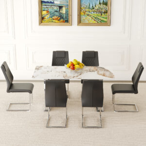 Table and chair set.63*31.4 Inch Pandora Patterned Sintered Stone Dining Table Set - 6 Black Chairs With Silver Metal Legs.Modern Light Luxury.Perfect For Dinner Room,Meeting Room,Kitchen,etc.