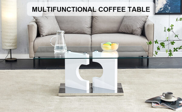 5868dcb6fbcb4939aeade9175ae28fec_20240204_e44e8be40b52838e7ebb1a2482aa891b A rectangular modern and fashionable coffee table with tempered glass tabletop and white MDF legs. Suitable for living room.47.2"*25.5"*18"
