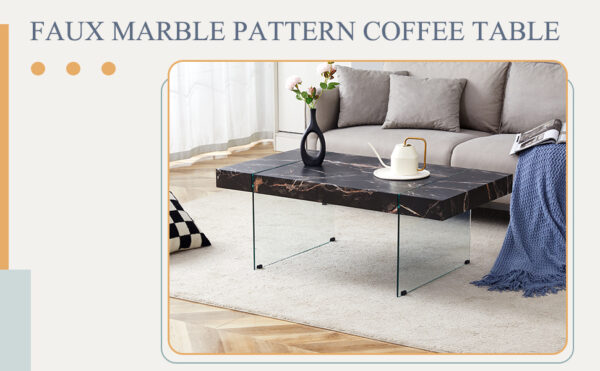 5884816b0ba74613b7b4eab9f279cc41_ba81b5e307c59993708e4306efa24675 43.3"x23.6" Black Marble-Patterned MDF Coffee Table with Tempered glass legs.Suitable for Living Room.It can be used not only as a coffee table but also as a side table or display stand.
