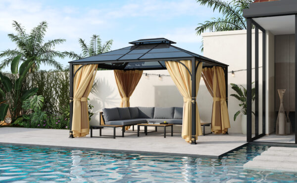 TREXM 10'x12' Hardtop Outdoor Gazebo, Heavy Duty Double Roof Patio Gazebo with Aluminum Frame, Double-Layer Side Walls Mosquito Netting & Privacy Curtains for Patio, Garden, Backyard (Beige)