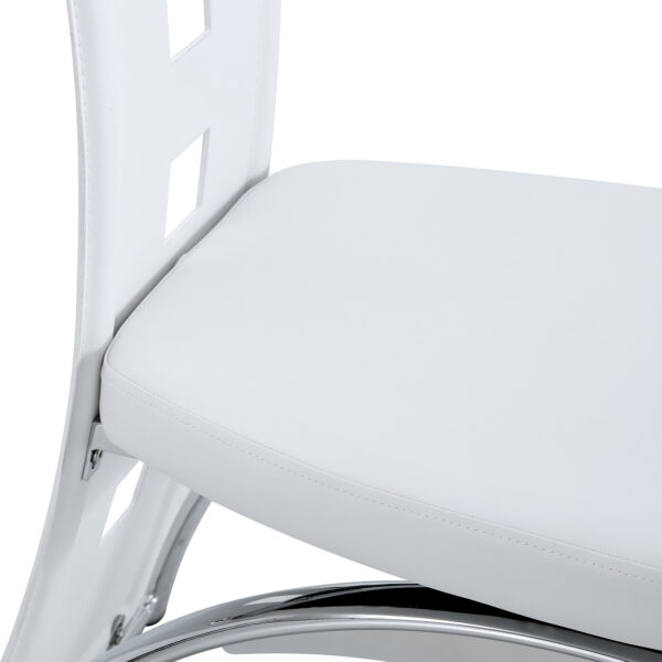 58bff9373fc14f4c8fb4e8395937aec4_791a2e9bffa9c4b97aa0aa1b04253497 Table and chair set.63"*35.4" White Imitation Marble Pattern MDF Dining Table Set - 6 PU Chair With White Saddleback, Geometric Pattern Backrest,Silver Curved Metal Leg.Suitable For Various Scenes.