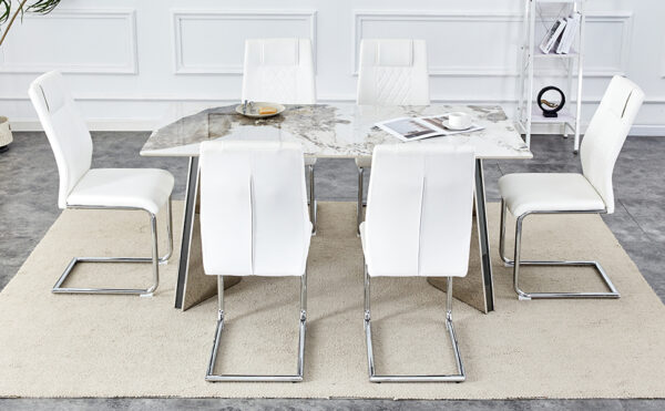 58c5c943bb344bdfbb2dc277ad194df5_741c3732cd7afc56f35d309694cf19af Table and chair set.63"x31.5x30" Luxurious Pandora patterned Sintered Stone Tabletop with Silver Stainless Steel Butterfly Legs.Paried With 6 White High-quality PU Chairs With Arched Metal Legs.