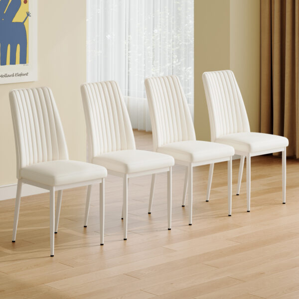 4 Dining Chair Set, White Dining Chair Set, PU Material High Back Seat and Sturdy White Leg Chair for Dining Room, Kitchen and Living Room c-010