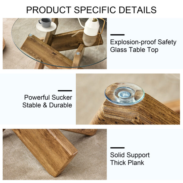 Circular glass coffee table, 33.4-inch modern and distinctive design tea table. Tempered glass countertop, wood colored MDF table legs. Suitable for living rooms and farmhouses