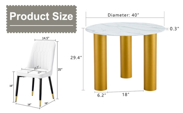 Table and chair set, round table with white marble pattern, gold MDF table legs, soft and comfortable dining chair, suitable for kitchen and living room