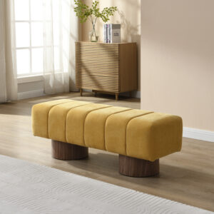 Upholstered Dining Bench for Dining Room, No-Assembly End of Bed Entryway Bench Ottoman for Bedroom Living Room, Yellow Chenille Fabric Stool Top Wood Leg 300 LBS Weight Capacity