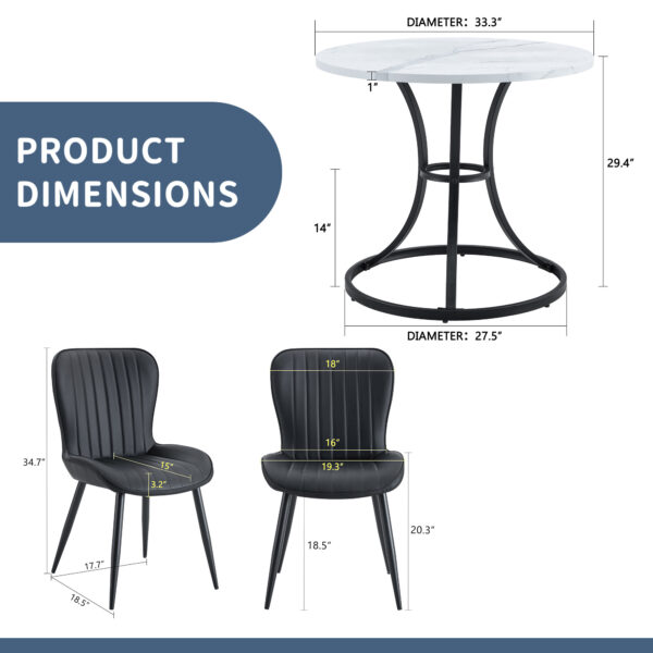 5922193ee356499790b08e0427143132_1920b736ffc177d5a53c636a8e01d48d Table and chair set.A Modern Minimalist Circular Dining Table With A Diameter Of 33.3 Inches.Paired With 4 Black Minimalist Ergonomic PU Dining Chairs With Extended And Curved Seat Cushions.