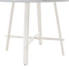 A modern minimalist circular dining table with a 42 inch diameter white patterned tabletop and white metal legs. Suitable for restaurants, living rooms, and conference rooms.