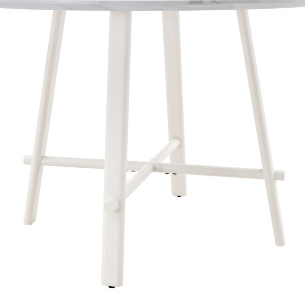 5951957d1f8d4476903ae0ce89ec1321_748d5bf67c40eceffa0d04fc5890d2e8 A modern minimalist circular dining table with a 42 inch diameter white patterned tabletop and white metal legs. Suitable for restaurants, living rooms, and conference rooms.