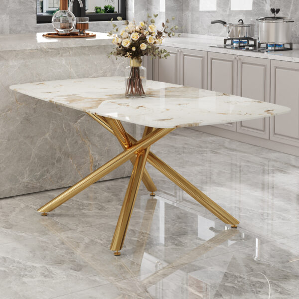 5971bfebdb184197a26a6488748386af_edc58b45f0f7831e1aca344f39a8a124 Large modern minimalist rectangular dining table with 0.39 "imitation marble tabletop and golden metal legs, suitable for kitchen, dining room, living room, conference room, and banquet hall 1537