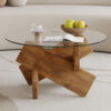 Circular glass coffee table, 33.4-inch modern and distinctive design tea table. Tempered glass countertop, wood colored MDF table legs. Suitable for living rooms and farmhouses
