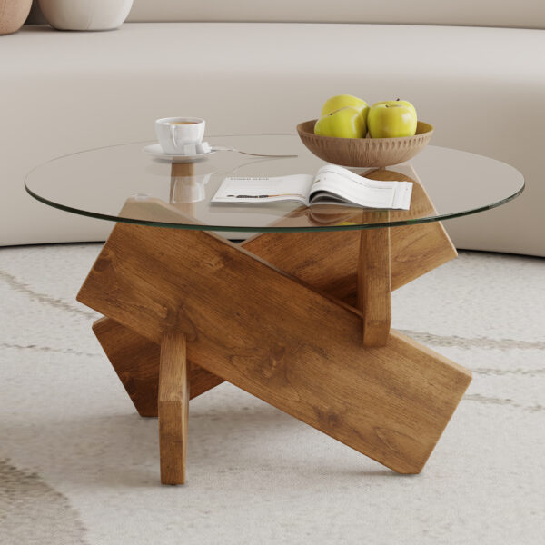 Circular glass coffee table, 33.4-inch modern and distinctive design tea table. Tempered glass countertop, wood colored MDF table legs. Suitable for living rooms and farmhouses