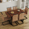 Table and chair set. A minimalist retro rectangular dining table with a specially textured top and black metal legs, paired with 6 soft chairs and black metal legs, showcases a beautiful home style.