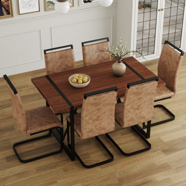 59b641651221495aa3ccc0dcfa6c10fe_e71a3b3728919f6f769a60331e252a06 Table and chair set. A minimalist retro rectangular dining table with a specially textured top and black metal legs, paired with 6 soft chairs and black metal legs, showcases a beautiful home style.