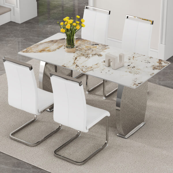 59c38acd863d43d3b509f7a71a5cb11a_03a52dbc1df0af9967875477c90f1768 Table and chair set.63*31.4 Inch Pandora Patterned Sintered Stone Dining Table Set - 4 White PU Chairs With Silver Metal Legs.Modern Light Luxury.Perfect For Dinner Room,Meeting Room,Kitchen,etc.