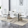 Table and chair set.63"x31.5x30" Luxurious Pandora patterned Sintered Stone Tabletop with Silver Stainless Steel Butterfly Legs.Paried With 6 White High-quality PU Chairs With Arched Metal Legs.