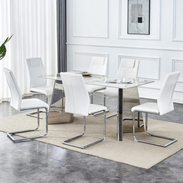 59de2b13c3e0444e9c0ba2713a00736f_5a6f838c2893fefcfd843cb1200ee925 Table and chair set.63"x31.5x30" Luxurious Pandora patterned Sintered Stone Tabletop with Silver Stainless Steel Butterfly Legs.Paried With 6 White High-quality PU Chairs With Arched Metal Legs.