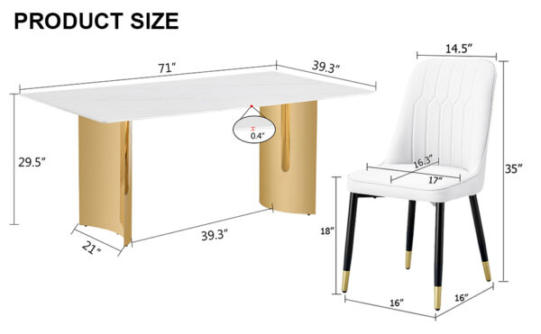 5a687645167c47169b3c63201920f50e_915d0b7f0d6d65d2a9263e0e00d56016 Table and chair set.The table has a glass top with imitation marble pattern stickers and stainless steel golden legs. Paried with chairs with PU artificial leather backrest cushions and black legs.