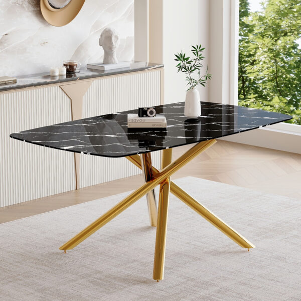5a6dff8ca72940da969c24df07c06359_f896c8085e97e94efa3f97cbfc36d562 63"x35.4" Luxurious Black Marble-Patterned Tempered Glass Dining Table.Single Fork Golden Metal Table Legs.Tempered Glass Table Top,Golden Metal Leg.Make it Adaptable To Various Decoration Styles.