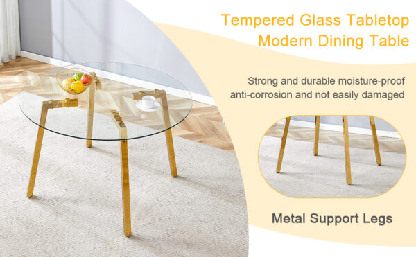 5a9f88c4486749adbe5a00c7a7db4835_b9e6438d118a2c3814abcced62ff03ec Modern Luxurious Round Tempered Glass Dining Table with Gold 7-Shaped Metal Legs,suitable for family meals, office conferences, or as a casual coffee table for various occasions.47.3*47.3*29.5