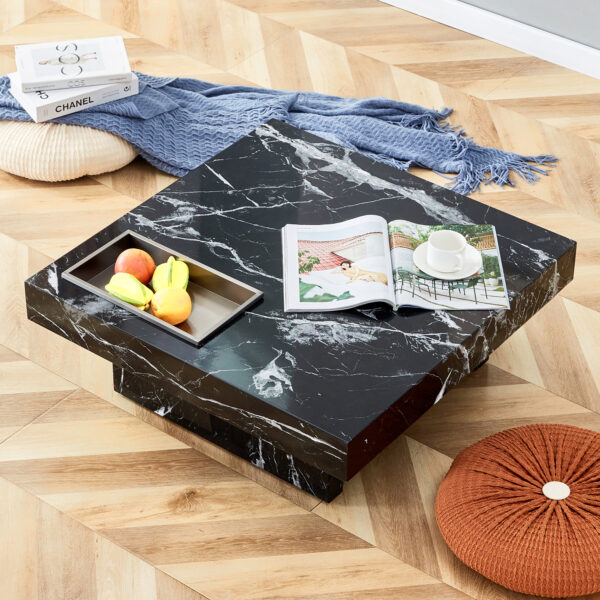 A modern and practical coffee table made of MDF material with black patterns. The fusion of elegance and natural fashion  31.4"*31.4"*12"