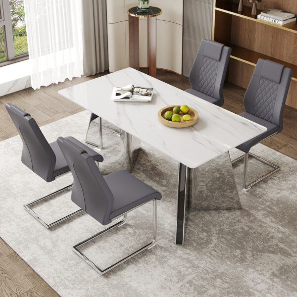 5ab688596e2f4794a6c6fe4f3c89c615_67e7bec7821176e195c8efb3b53099c3 Table and chair set.63"x31.5x30" Luxurious Snow Mountain Patterned Sintered Stone Table with Silver Metal Butterfly Legs.Paried With 4 Dark Gray High-quality PU Chairs With Arched Metal Legs.