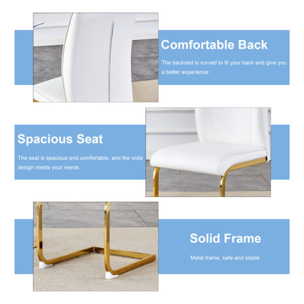 5abb6bc2fbfe49aaaff3b9c2fa1aa5ca_9500e68383a354fa3c0b04bcd5bc010e Luxury Simple Arch Chair - Set of 8 White PU Material High Resilience Dining Chair with Arched Metal Gold Leg.Packed In Two Boxes.