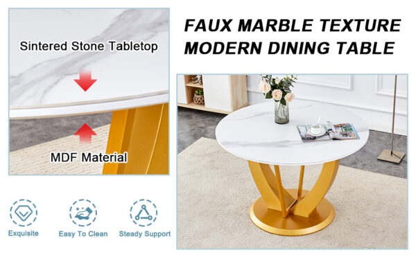 5adfe39d21a2445b932b254cdfc30817_d0c8e1d17fa3172f4c0e17346a3e53af Table and chair set.Luxurious Snow Mountain White Slab Round Dining Table Set - 47"x47" with 6 White PU Chairs.Sintered Stone Tabletop,MDF Table Leg,