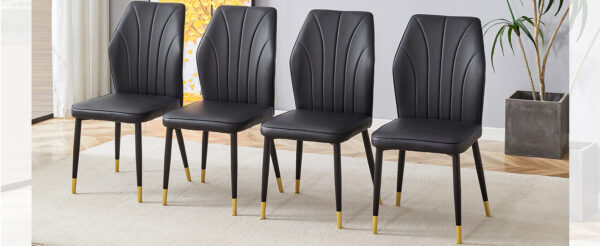5aef74e9f2f2433285a75a5fbfd1b7d4_422211c7b2cc97ebbe0b32d799ac9d25 4 modern dining chairs with stylish PU patterned backrest and black metal legs for a comfortable home experience in the kitchen, bedroom and office.
