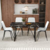 Table and chair set.Modern Black Marble Pattern MDF Dining Table Set-55"x31.4" with 4 Extended Seat Cushion PU Dining Chairs.White and Dark Gray Splicing Colors Cushion.Iron Pipe Spraying Chair Legs.