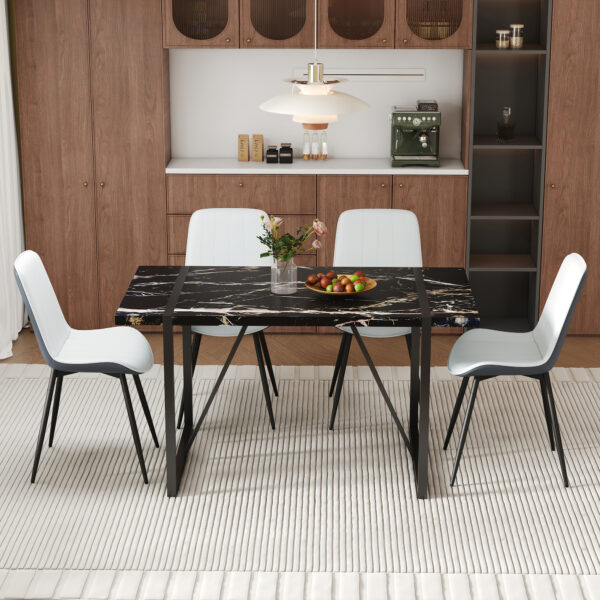 5af9ef7a43ef41bdb5b2c1584dde6efe_c1f313a13e7432c17026747f02dffa07 Table and chair set.Modern Black Marble Pattern MDF Dining Table Set-55"x31.4" with 4 Extended Seat Cushion PU Dining Chairs.White and Dark Gray Splicing Colors Cushion.Iron Pipe Spraying Chair Legs.