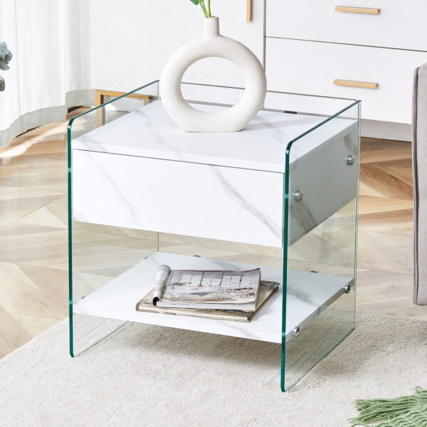 5b374d539d3b4ceab1922be931caf78c_350a2befe6ae8582f01393cebcf4f92e Bedside table with drawers. The board surface is MDF sticker, and both sides are transparent tempered glass. The design is simple and elegant, with excellent storage functions.