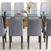 Table and chair set.79"x31.5" Inch Tempered Glass Tabletop With X-shaped Black Metal Table Legs,Wood Grain Textured MDF Crossbeam.Paired With 10 Light Gray Linen-Cotton Dining Chairs.