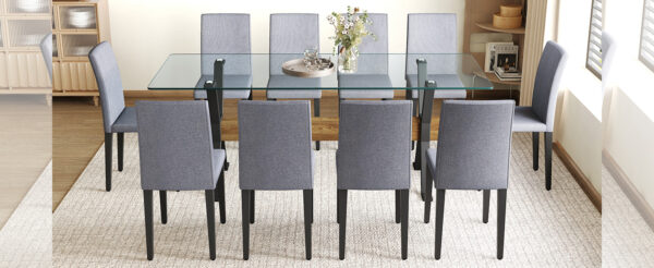 5b3a823f1d87498eba69cda7127a3620_f9b0b858efee288e2a0f79e4473e068c Table and chair set.79"x31.5" Inch Tempered Glass Tabletop With X-shaped Black Metal Table Legs,Wood Grain Textured MDF Crossbeam.Paired With 10 Light Gray Linen-Cotton Dining Chairs.