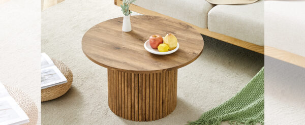 5b4dcd183a624b2fab569c5c5c5050b7_51cc466ab544b67094c2f7ad9f36cbfe A modern circular coffee table with a diameter of 27.5 inches interprets home aesthetics and practicality. MDF material,cylindrical table leg design.Becoming the visual focal point of home decoration.