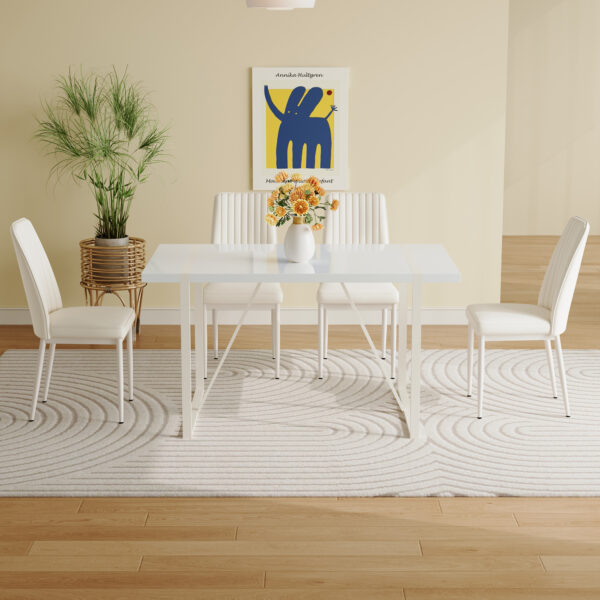 5b5992b7e6d0444790420dd46c357f84_d39dc5b3e8c74f275619357008559c16 55"x31.5"Cream-Style White MDF Dining Table Set with 4 Armless Chairs.The backrest of the dining chair is designed with multiple vertical stripes.Adding a warm atmosphere to your family.