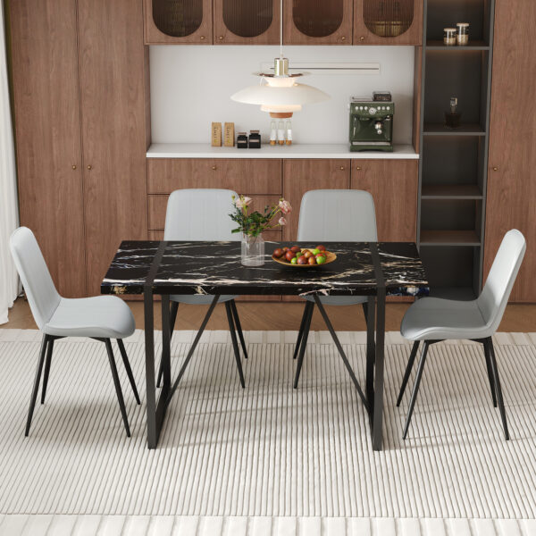 5b5c457f31a04454a31929f939cb9087_240d383f2c6e4c9b764903e444523df5 Table and chair set.Modern Black Marble Pattern MDF Dining Table Set-55"x31.4" with 4 Extended Seat Cushion PU Dining Chairs.Light Gray Cushion.Iron Pipe Spraying Chair Legs.